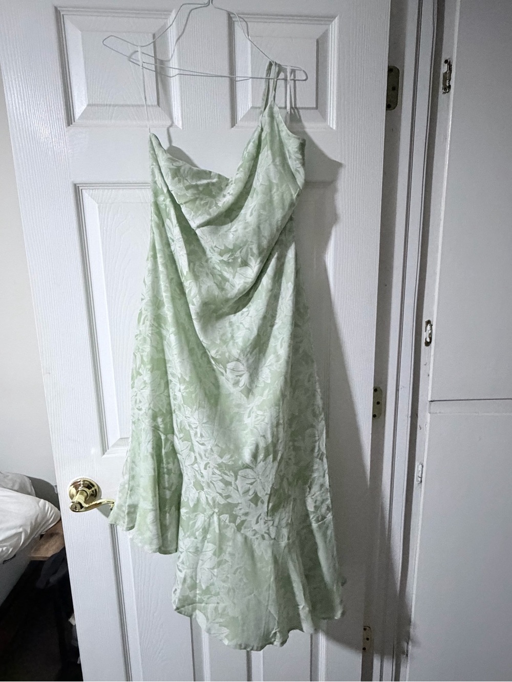 Lulu's Pale Green Floral One-Shoulder Slip Dress